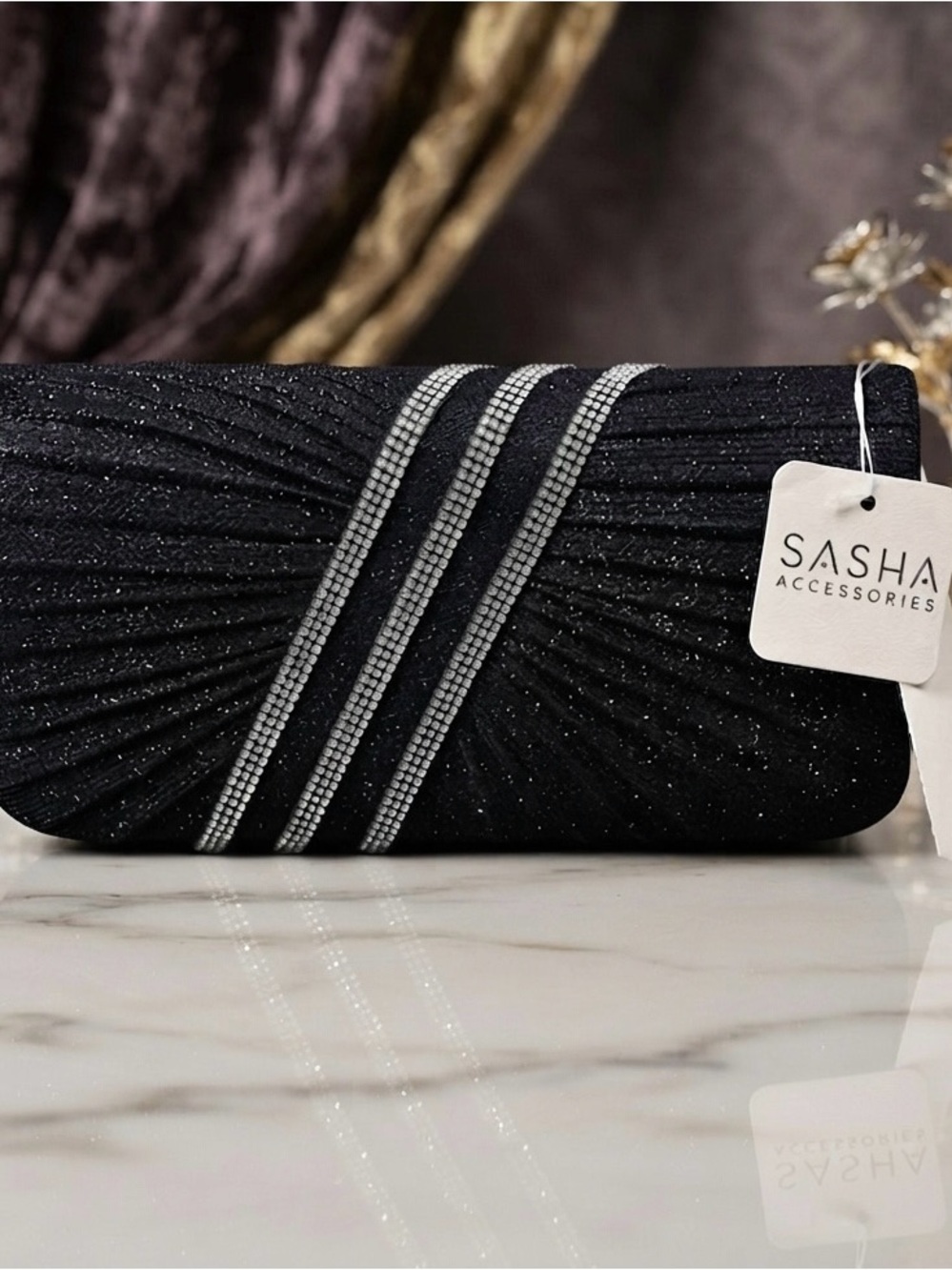 SASHA Accessories Black Sparkle Evening Clutch with Rhinestone Stripes